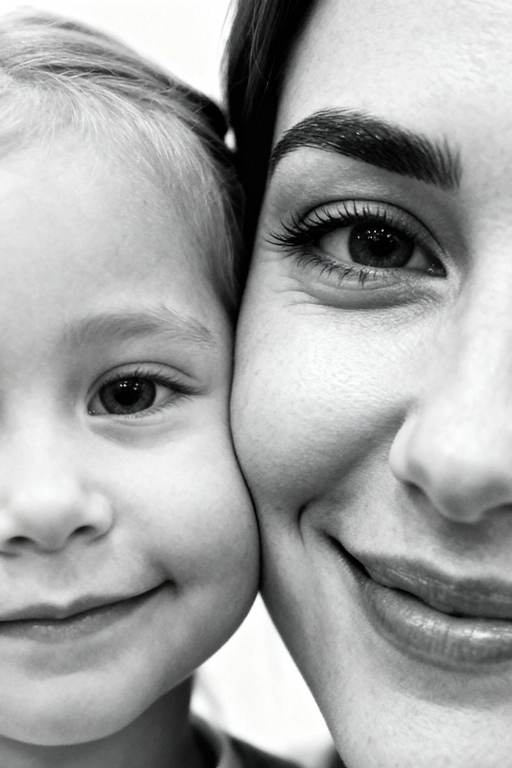 Сверхреалистичная черно-белая художественная фотография 8K женщины и ребенка, снятая очень крупным планом, щека к щеке так что видны только правая половина лица женщины и левая половина лица ребенка. которые смотрят в камеру. Их лица расположены рядом, почти соприкасаясь, образуя идеально сбалансированную симметричную композицию. Каждая деталь передана с фотографической точностью: тонкая текстура кожи и плавные градиенты света и тени. Видимая половина женщины включает ее бровь, один глаз , часть ее носа, щеку и губы, слегка приоткрытые в нежной, естественной улыбке, Видимая половина ребенка включает один глаз , круглую мягкую щеку, часть носа и небольшую улыбку, Фон белый и слегка размытый, что подчеркивает эмоциональную близость между ними. Освещение мягкое и рассеянное, создает деликатный контраст и тональную глубину. На снимке запечатлены нежность, близость и связь между матерью и ребенком, запечатленные с потрясающей реалистичностью. Не меняй черты лиц. 