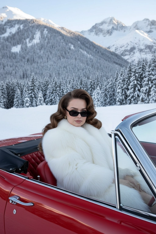 Создай изображение,  сохрани внешность и черты лица 
Фотореалистичное изображение роскошной женщины, сидящей в красном винтажном кабриолете с открытым верхом. Зима, вокруг заснеженный хвойный лес и горы. Женщина одета в огромную пушистую белую шубу и темные узкие солнцезащитные очки.  У нее объемная укладка с локонами в стиле супермоделей 90-х. Салон машины из красной кожи. Яркий дневной свет, глянцевая фотография, высокая детализация, эстетика "жены мафиози" (mob wife aesthetic), атмосфера курорта Куршевель.