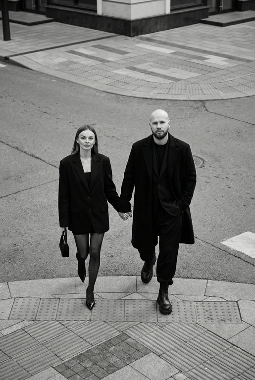 Черно-белая художественная фотография, ультрареализм, 8K, профессиональная съёмка; (оба): в кадре мужчина и женщина; каждый персонаж жёстко привязан к своему загруженному референсу, лица используются напрямую, без генерации, усреднения, подмены или смешения. Вид сверху под углом. Они идут по городской улице, держась за руки; шаг в движении, эффект «пойманного кадра». Смотрим вверх в камеру, выражение спокойное, уверенное, отстранённое.
Полностью чёрные образы modern classic: женщина — оверсайз-пиджак, короткое платье/юбка, плотные колготки, остроносые каблуки, маленькая сумка; мужчина — длинное пальто, свободный костюм, массивные ботинки.
Фон: асфальт, плитка, тактильная дорожка, геометрия.
Контрастный свет, мягкие тени, высокая детализация тканей.
Стиль: black & white, cinematic, high fashion, editorial, minimalism, street photography.
Качество: ultra high resolution, sharp focus, film grain, без ретуши.