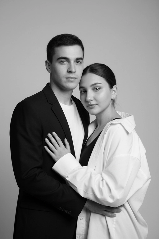 Черно-белый портрет мужчины и женщины в стиле фэшн фотосессии в фотостудии. Не изменяйте лица. Фон нейтральный, однотонный, светло-серый. Атмосфера интимная и спокойная. На переднем плане женщина. Вся композиция выполнена в приглушенной монохромной гамме со студийным освещением, которое подчеркивает текстуру кожи и одежды. Её руки лежат на груди мужчины. Мужчина обнимает женщину сзади, положив свою руку поверх её руки. Она одета в черный топ, белую оверсайз рубашку. Мужчина одет в  классическом черном пиджаке и белой футболке.