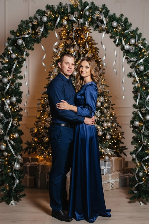 Создано с помощью сервиса Объединить два фото

Промпт пользователя:
полноразмерная фотография пары, стоящей под аркой из зелёной еловой гирлянды, украшенной серебряными шариками и лентами. На заднем плане мерцающая рождественская ёлка с подарками под ней; атмосфера тёплая и праздничная.

⦁ Одежда: мужчина в темно синей рубашке и темно синих брюках; женщина в темно синем атласном платье. 


⦁ Поза: пара стоит близко друг к другу, обнимаются; рука мужчины расположена вокруг талии женщины создавая интимный и тёплый жест. Они смотрят в камеру. 

⦁ Свет и атмосфера: мягкий вечерний свет с бокового направления, создаёт тёплые блики на гирляндах и текучие тени на фигурах; общая атмосфера — уютная и романтическая.

#новыйгод #рождество #праздник #женщина #мужчина #совместное #тренды #иисервис