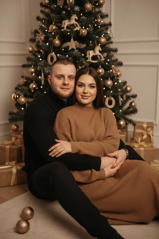 Используй предоставленные изображения и создай фото из домашней новогодней фотосессии. Не меняйте черты лица. . В кадре мужчина и женщина, они сидят на полу в обнимку, улыбаются и смотрят в камеру. Мужчина обнимает женщину сзади за талию. На женщине надето вязаное длинное платье с длинными рукавами. На мужчине вязаный свитера и штаны. На заднем плане стоит наряженная елка с игрушечными шарами, игрушечными лошадками, игрушечными подковами. Под елкой разложены подарочные коробки, перевязанные золотыми лентами. Рядом с парой лежат несколько елочных игрушек как на елке. Фотография выполнена в теплой цветовой гамме. Атмосфера уютная и праздничная. Цвет платья девушки- коричневый, цвет свитера и штанов мужчины - черный.