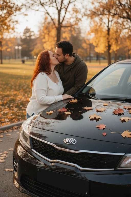 Используй предоставленные изображения и создай фото, где мужчина и женщина стоят, облокотившись на капот автомобиля и целуются. Атмосфера романтичная, осенняя. Средний план людей. Не меняй внешность людей. Машина и люди занимают почти весь кадр. Автомобиль - черный kia Rio