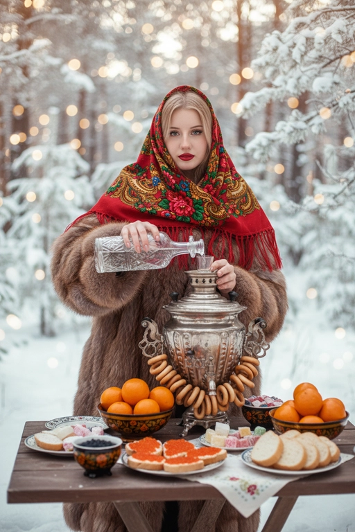  Создай насыщенный, атмосферный, зимний портрет на улице. Я нахожусь в заснеженном лесу, окруженном елями, и стою за столом, накрытым для традиционного чаепития. На мне надета большая, пушистая, роскошная, дорогая, шуба из натурального баргузинского соболя, яркий русский платок (павлопосадский платок) красного цвета, повязанный на голову, с акцентом на красной помаде. Я смотрю в камеру .На столе стоит старинный серебряный самовар, украшенный связками золотистых баранок, а также миски с мандаринами, русскими сладостями, бутерброды с красной икрой, черная икра в маленькой миске, нарезанный батон.
Зимний лес, всё покрыто инеем и мягким снегом. Качество: реалистичная фотография, кинематографический свет, мягкое боке, теплый тон, детальная проработка меха и узоров на платке.
  Правой рукой я наливаю прозрачную жидкость из большой хрустальной бутылки в маленький стеклянный бокал. 