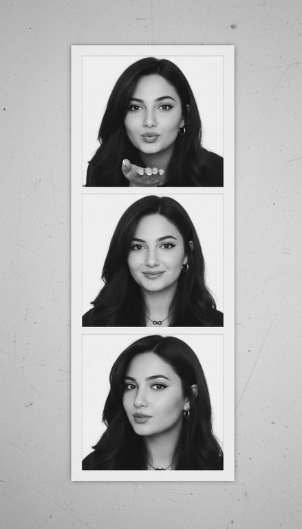  Используя мою фотографию в качестве референса для лица и волос, не изменяя исходные черты лица и сохраняя верность моим физическим характеристикам, создайте ленту из фотографий в ч/б с тремя вертикальными белыми рамками. Лента выглядит так, будто лежит на столе или фоне. Фотографии выглядят профессионально , как будто из настоящей фотобудки. 

В каждой рамке по центру расположены портрет и фотография погрудной проекции одного и того же человека. Взгляд прямо в камеру.

Общая эстетика винтажная, с лёгкой зернистостью и выцветшим качеством, напоминающая классическую аналоговую фотографию. Но при этом изображение выполнено в высоком разрешении. На светло-сером фоне видны едва заметные следы пыли и царапин. Лица человека на белом фоне. 
НЕ ИЗМЕНЯЙТЕ МОЁ ЛИЦО. На верхнем фото девушка посылает зрителю воздушный поцелуй, поднеся правую руку ко рту и слегка поджав губы. Выражение её лица игривое и дружелюбное.  На среднем фото девушка мило улыбается.  На нижнем фото девушка позирует, отвернувшись к плечу, смотрит прямо в камеру с более спокойным и уверенным выражением лица. Губы мягко сжаты, взгляд прямой и чувственный. ОДЕЖДА: На ней серьги-кольца и изящное ожерелье с символом бесконечности чёрного топа. На ней естественный макияж, включая глянцевый блеск для губ, лёгкую подводку для глаз и кукольные нарощенные ресницы, без излишеств. У неё квадратный французский маникюр. 