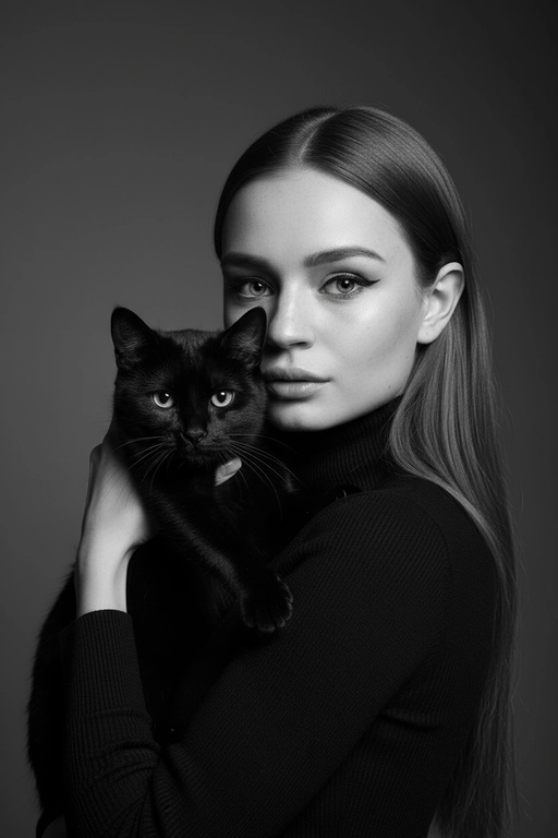 Высококонтрастный черно-белый портрет женщины в черной водолазке, держащей чёрную кошку у лица. Композиция напряжённая и интимная: оба персонажа смотрят прямо в камеру с одинаковой интенсивностью. Яркое и направленное освещение создаёт глубокие тени и подчёркивает контраст между их бледной кожей и тёмной шерстью кошки. Выражение её лица спокойное и уверенное, глаза подведены чётко, а гладкие прямые волосы естественно ниспадают на одно плечо. Фон - градиент от серого к темно-серому. Общее настроение таинственное, элегантное и кинематографичное, напоминающее портрет из модного журнала с готическим подтекстом.