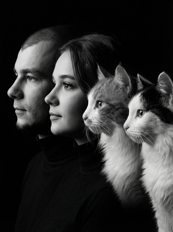 Профессиональный студийный портрет с низким контрастным светом. Головы расположены строго в одну линию. боковой профиль, взгляд влево. У всех видны только головы и немного плечи. Головы занимают весь кадр. Черный фон. Черная одежда у всех. Расположи их по убыванию возраста.
Мужчина первый, потом женщина, и животные