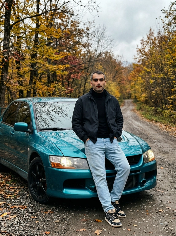 Формат 9:16. Реалистичное lifestyle-фото в лесу. Мужчина стоит у бирюзового цвета Mitsubishi Evolution 9 , опираясь спиной на капот, одна нога слегка согнута, руки в карманах светло-голубых джинс,  спокойный уверенный взгляд направлен в камеру. Камера на уровне груди, низкий 3/4 ракурс, полный рост. Shot on Sony A7R V RAW, 35mm, ISO 200, f/2.0. Холодный пасмурный дневной свет, мягкая тень, осенняя цветовая гамма. Тёмная ветровка, чёрная водолазка, светло-голубые джинсы, кросовки nike dunk travis scott. Автомобиль: бирюзовый Mitsubishi Evolution 9 с глянцевым кузовом и колесными дисками чёрного цвета, включённые фары, реалистичные отражения деревьев. Фон: тихий лес, осенние деревья, гравийная дорога, серое небо, без людей. Visible pores, real skin texture. No plastic skin. No AI smoothing. Естественные пропорции тела. HDR, film grain, холодная cinematic color grading, стиль lifestyle-блога.