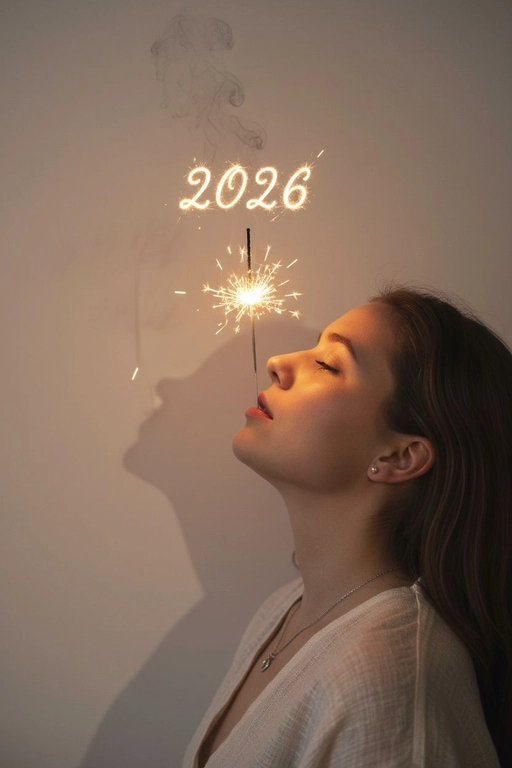 Создай фотореалистичный студийный портрет в профиль крупным планом. Видно только голову и часть шеи. Низкое контрастное освещение: один небольшой тёплый точечный источник света (пламя бенгальской палочки игристый огонь) освещает нижнюю часть лица и шею, создавая яркий фокус и длинную мягкую тень профиля, проецируемого на гладкую стену позади. Девушка стоит в профиль с полностью запрокинутой вверх головой, так что голова в горизонтальном положении с закрытыми глазами держа вертикально во рту бенгальскую палочку с игристыми огнями, сверху над палочкой написано «2026». Виден тонкий завиток дыма, поднимающийся от пламени.  На стене отображается тень девушки с огненной спичкой. Фокус на тактильной текстуре кожи, детализированных серьгах, изящном ожерелье и текстуре ткани светлой одежды. Малая глубина резкости.