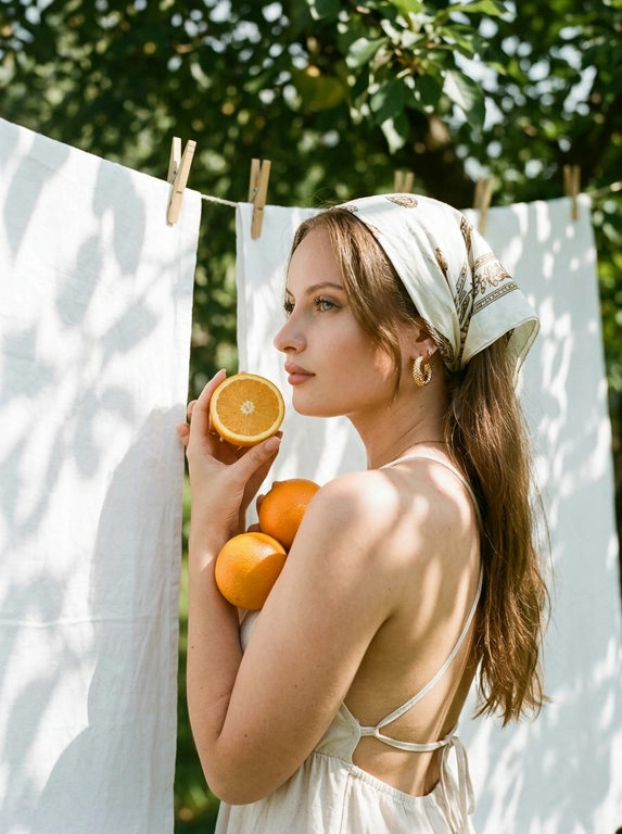 Transfer the face from the photo identically. Shoulder-up side profile portrait outdoors next to white linen sheets hanging on a clothesline with wooden clothespins. The woman wears a light summer dress with thin straps and an elegant open back revealing the shoulders. Her head is wrapped in a white headscarf with a small repeating circular black print tied behind the head. Large textured gold hoop earrings.Pose with chin slightly lifted while holding a half orange near the face and two whole oranges resting against the shoulder and chest.Natural sunlight filtered through tree leaves creates soft dappled shadows on the skin and fabric.Warm vintage analog film color grading with slightly muted greens and rich citrus orange tones, subtle film grain, gentle softness and highlight bloom, shallow depth of field, cinematic lifestyle photography.
