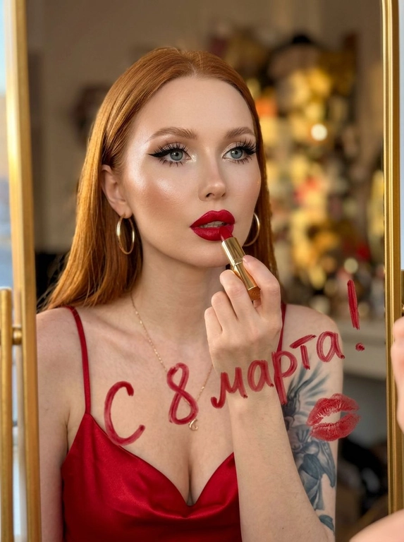 Отражение женщины в зеркале: женщина держит красную помаду. Гламурный макияж глаз с длинными чёрными стрелками, длинные густые ресницы с эффектом «лучики». Хайлайтер во внутренних уголках глаз и на скулах. Губы накрашены этой же красной помадой. Красное атласное платье на тонких лямках. Текст написанный на зеркале помадой от руки на русском языке без ошибок. Знак поцелуя красной помады на зеркале. Передний план: женское лицо, верхняя часть тела, рука, держащая помаду. Фон: зеркальная поверхность с текстом и поцелуем, размытое отражение интерьера. Глубина: неглубокая глубина резкости, фокус на женщине и поверхности зеркала. Портрет крупным планом, отражение, глаз, портретная линза, неглубокая глубина резкости. Тёплый золотой свет «золотой час», сильное боковое освещение. Женщина наносит помаду, отражение в зеркале, отражение в помещении, в помещении. Кожа, атласная ткань, золото (серьги, корпус помады, зеркальная рамка), стекло (зеркало). Фото сделано на iPhone 17 Pro Max.


Какая будет надпись?: Текст написанный на зеркале "С 8 марта!"
