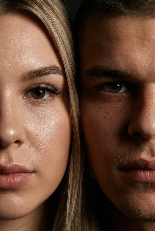   создай портрет, не меняя черты лица. Крупный план (extreme close-up) двух лиц людей, их лица прижатых друг к другу. Видны только половины каждого лица.
Драматичное освещение в стиле чиароскуро, глубокие тени.
Невероятная детализация кожи: видны поры, текстура, естественный блеск у женщины.
Выразительный взгляд прямо в камеру. Высокое разрешение, макросъемка, профессиональное студийное фото, 8K.