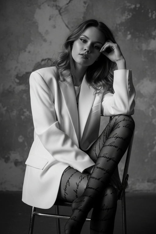 Портрет женщины, расслабленно сидящей на металлическом стуле со скрещенными ногами, голова наклонена в сторону и опирается на руку, средний план, перспектива на уровне глаз, естественный макияж со стрелками на глазах, с мягким контурингом и естественными губами, в объемном белом блейзере со структурированными плечами и капроновых колготках с узорами в виде красивых надписей , на фоне фактурной стены, драматическое кинематографическое освещение, боковое освещение справа, резкие контрастные тени, таинственная и напряженная атмосфера, съемка портретным объективом 85 мм, малая глубина резкости, высокохудожественная редакционная фотография, фотореалистичный, высокая детализация, монохромная цветовая палитра. Волосы легкими волнами