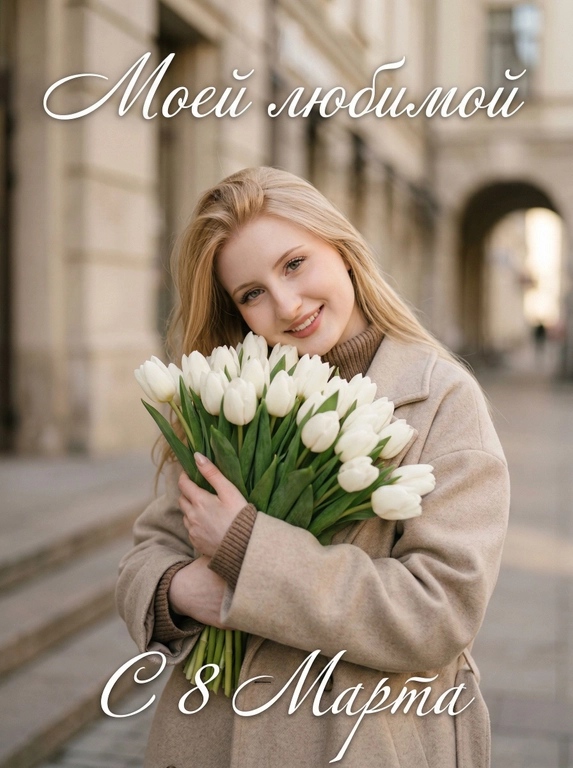 Человек на улице держит большой букет белых тюльпанов, прижимает его к груди. На Человеке светло-бежевое пальто свободного кроя, под пальто коричневый трикотажный топ. Человеке мягко улыбается, взгляд направлен в камеру, живые эмоции, голова немного наклонена вбок. Съёмка по пояс. Естественный тёплый дневной свет, мягкие тени. Фон — городская архитектура в нейтральных бежевых тонах, слегка размытый. Реалистичная фотография, высокая детализация кожи и ткани, натуральные цвета, shallow depth of field, lifestyle photography, soft natural light. Добавь надпись каллиграфическим изящным шрифтом белого цвета.

Какая будет надпись?: Текст сверху: "Моей любимой" и снизу "С 8 Марта"