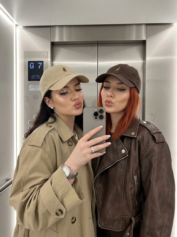 Не меняя черты лица людей с добавленного фото. Ультра-реалистичное фото в зеркало на смартфон iPhone 16 Pro Max, цвета титан, двух женщин, позирующих близко друг к другу в современном лифте. Две женщины, стоящие плечом к плечу, лица очень близко к камере, обе делают игривые выражения губами в виде поцелуя. Женщина слева: бежевого цвета бейсболка Ralph Lauren с маленьким вышитым логотипом поло, oversized бежевый тренч-жакет с большими пуговицами и широкими рукавами, серёжки-гвоздики с бриллиантами, на запястье серебряные часы с большим циферблатом, на пальце кольцо из страз в виде дорожки, макияж: хайлайтер, ресницы лисий эффект. Женщина справа: тёмно-коричневая бейсболка Ralph Lauren с вышитым логотипом, oversized шоколадно-коричневая укороченная кожаная куртка с серебряной фурнитурой и погонами на плечах, серёжки-гвоздики с бриллиантами, мягкий глэм-макияж с выраженными скулами, подводкой для глаз и глянцевыми губами. Поза и композиция: обе женщины слегка наклоняют головы друг к другу.Окружение: современный просторный лифт. Освещение: мягкое внутреннее освещение, равномерно освещающее лица.Фото в зеркало на iPhone 16 Pro Max в стиле высокой реалистичности.