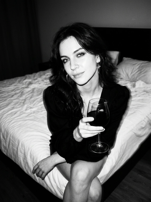 Create a portrait, transfer the face from the reference photo without changing facial features, proportions, or expression, preserve full identity. Aesthetic black-and-white nighttime Y2K photograph captured with direct on-camera flash, shot in motion.
A woman is sitting on the edge of a white, slightly rumpled bed, the frame taken from a slightly elevated angle. She wears a stylish black top with voluminous sleeves and large round statement earrings. In one hand she holds an elegant glass of dark wine. Her body is subtly moving, creating natural motion blur across the face and shoulders, as if the moment was caught mid-gesture. The gaze is languid and directed toward the camera, with a soft, intimate smile. Hair falls in large waves with loose strands drifting across the face, slightly displaced by movement. Lighting is harsh flash against deep night shadows, high contrast with blown highlights and strong falloff, visible film grain. Skin texture remains real and alive, no smoothing, enhanced by flash glare. The mood is high-fashion editorial, Parisian chic, old-money sensuality, nighttime melancholy, spontaneous and cinematic, shot in a raw 35mm film aesthetic with pronounced motion blur and lived-in realism.