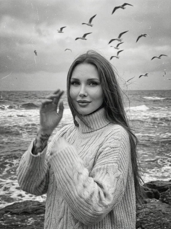 Создай портрет, не меняя черты лица. Черно-белая фотография в стиле ретро: человек стоит на морском побережье, в полупрофиль, смотрит нежно в камеру, легкая улыбка на лице, одет(а) в светлый оверсайз вязаный свитер с высоким воротником. На переднем плане — размытая рука в движении (motion blur), на заднем плане — море с волнами и стая птиц в небе, пасмурное небо. Сильная зернистость пленки, винтажная эстетика, атмосфера свободы, эффект размытия в движении, эстетика.