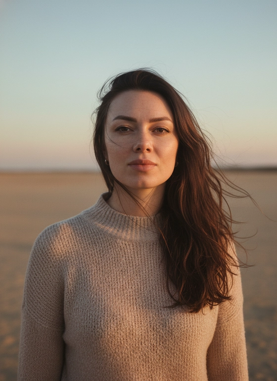 СТРОГО СОХРАНИ ВНЕШНОСТЬ девушки с прикреплённого фото, 1:1 её настоящее лицо, глаза, нос, кожа с порами — всё 100% без изменений. Используй отправленное фото как эталон.
Это портретное фото женщины, сделанное на открытом воздухе, возможно, на пляже или вблизи него, судя по размытому фону песка и неба. Атмосфера спокойная и естественная, с акцентом на портрет. Цветовая гамма теплая, с преобладанием приглушенных оттенков бежевого, песочного и голубого. Свет мягкий, естественный, вероятно, во время заката или рассвета.

Женщина с длинными волосами одета в уютный свитер тонкой вязки с  воротником стойкой. Свитер на девушке выполнен из тонкой, воздушной вязаной ткани, что придает ему текстурированный, романтичный вид. Вязка свитера кажется очень тонкой и равномерной, создавая ощущение тепла и уюта. Цвет свитера нейтральный — вероятно, бежевый или светло-серый. Она стоит лицом к камере, но ее поза расслабленная и непринужденная. Часть волос развевается на ветру, создавая динамичный эффект. Голова слегка наклонена, взгляд направлен прямо в камеру, что создает ощущение близости и контакта. Стиль фотографии можно охарактеризовать как портретный, с акцентом на естественность и эмоциональность.