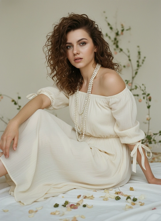 A woman sits on a soft white cloth in a calm, minimalist studio setting adorned with delicate wildflowers and greenery. Her body is relaxed, one leg bent, the other slightly extended, one arm resting loosely on her knee, and the other supporting her from behind. Small dried petals are scattered across the cloth around her, adding a subtle organic texture to the scene.

Medium shot. The frame encompasses the figure from mid-thigh to head. The camera angle is at eye level, with the subject positioned slightly off-center for a natural editorial composition. The background is a soft, neutral wall with a few thin, vine-like stems and small floral arrangements behind her, creating a subtle botanical ambiance.

Her hair is voluminous, and naturally curly, with soft strands falling loosely over her shoulders and partially over one side of her face. The curls are slightly tousled, creating a relaxed, airy look.

The makeup is soft and natural. Neutral beige-gray eyeshadow is smoothly blended across the lids. A thin, dark eyeliner lines the upper lid, and her lashes are long and well-defined. Her lips are coated with a soft nude-pink lipstick with a satin finish.

She wears an airy, creamy, off-the-shoulder maxi dress made of lightweight, textured fabric. The dress is adorned with delicate ribbons on the sleeves and soft, layered pleats that hug her figure naturally. Around her neck are several strands of long white pearls, some of which are layered and hang loosely down the front of the dress, adding a classic, romantic touch.

The lighting is soft, natural daylight from the side, creating subtle highlights on the hair, pearls, and fabric. The shadows are very soft and diffused, giving the image a calm, intimate atmosphere, reminiscent of natural light from a window.

Shot with a 50mm lens, shallow to moderate depth of field. The main subject remains sharp, while the flowers and greenery in the background softly blur, highlighting the portrait and the texture of the dress, curls, and pearls.

COLOR CORRECTION

Soft, natural editorial mood
Warm neutrals
Creamy beige palette
Muted greens of the plants
Low saturation
Soft daylight tones
Low-contrast lighting
Smooth shadow transitions
Natural, film-style color correction.