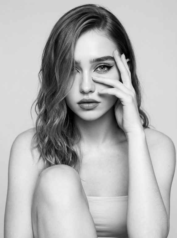 Черно-белый студийный портрет женщины.
Часть волос перекинута на одну сторону, закрывая часть лица, создавая романтическую и нежную атмосферу.
Девушка смотрит прямо в камеру уверенным, слегка загадочным взглядом.
Поза - сидит, одно колено согнуто, рука опирается локтем о колено и изящно закрывает часть лица — пальцы расположены вокруг глаза, создавая художественную КОМПОЗИЦИЮ.
Полные губы, четко очерченные скулы, аккуратные брови.
На ней минималистичный светлый топ без лямок. Макияж длинные черные острые стрелки которые вытягивают веко, длинные ресницы эффект «лисьего взгляда»и слегка коричневый контур у губ.
Мягкий студийный свет, beauty lighting, акцент на текстуру кожи и черты лица, высокая детализация, sharp focus, shallow depth of field. Нейтральный светлый фон,
минимализм, fashion editorial style, cinematic portrait, 85mm lens, f/2, high resolution, ultra realistic, professional photography, soft shadows, clean composition.
Заметная зернистость пленки на фото.