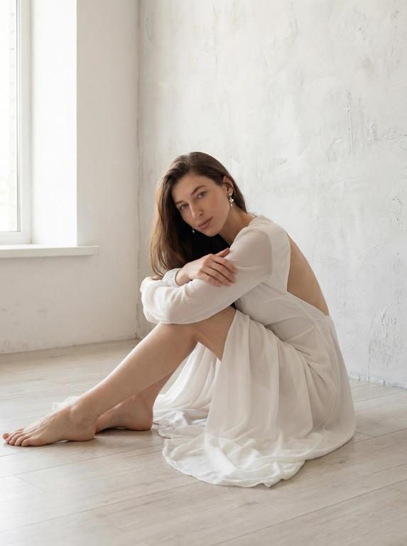  Женщина сидит на полу в светлой студии. Стиль фотографии можно охарактеризовать как fashion-съемку с уклоном в минимализм и элегантность. Атмосфера спокойная и мягкая, с акцентом на естественное освещение. Цветовая гамма преимущественно белая и светлая, с легкими тенями, создающими глубину.

На женщине надето белое платье из легкой, струящейся ткани. У платья длинные рукава и открытая спина. Она сидит, прижав колени к груди, и обнимает их руками. Одна нога вытянута вперёд. На ней надеты серьги.