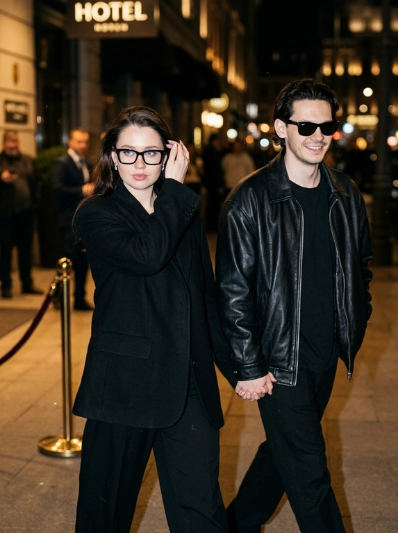 Ultra-realistic nighttime paparazzi-style photograph. A candid shot of a couple walking at night. The woman walks in front, brushing her hair back with one hand, while the man walks slightly behind her at a diagonal angle. They are holding hands. The camera is positioned slightly above eye level with a close zoom.
Preserve the celebrity magazine photography aesthetic exactly.
The faces MUST NOT change. The original facial features, eyes, nose, lips, hairline, and skin texture must remain completely identical. There should be no AI-generated look.

The man is wearing a loose oversized black leather jacket and Ray-Ban sunglasses. Charismatic, wealthy, and stylish look.
The scene is shot at night with a harsh paparazzi flash. In the background, there are blurred city lights and the atmosphere of a luxury venue. The photo should look as if a celebrity couple was secretly photographed by paparazzi, natural yet professionally captured.
Canon EOS R5, 85mm lens, ultra-realistic skin texture, cinematic lighting, natural motion, Vogue and celebrity magazine aesthetic.
IMPORTANT:
* The woman walks in front, the man walks behind.
* The woman appears to be brushing her hair back with one hand.
* The woman and man are holding hands.
* The shot should look as if a paparazzi flash has just fired.
* Do not alter, beautify, or transform the faces into different people.

Выберите одежду для девушки: : The woman is wearing a black old money outfit: relaxed yet extremely elegant, with an oversized black blazer or a loose black top, wide black trousers, and a luxurious minimal appearance. Quiet luxury aesthetic.