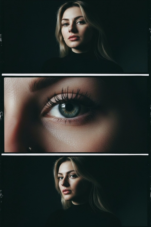 Создай коллаже из 3-х кадров на основе внешности человека на фото. Верхний кадр: человек смотрит в камеру с лёгким наклоном головы. Один глаз в свете, другой в тени — эффект таинственности. Чёрная одежда усиливает драму. Тёмный фон с мягким светом , подчёркивает лицо. 
Центральный кадр (глаз): крупный супер чёткий план её глаза - ресницы, радужка, отражения. Взгляд прямой и глубокий. Фон полностью чёрный. 
Нижний кадр: интенсивный уверенный взгляд человека влево, голова тоже повернута влево. Чёрная одежда, тёмный фон. Жесткий боковой свет, подчёркивающий контуры лица и создающий драматичные тени. Стиль: raw, винтажная плёночная зернистость, драматизм.