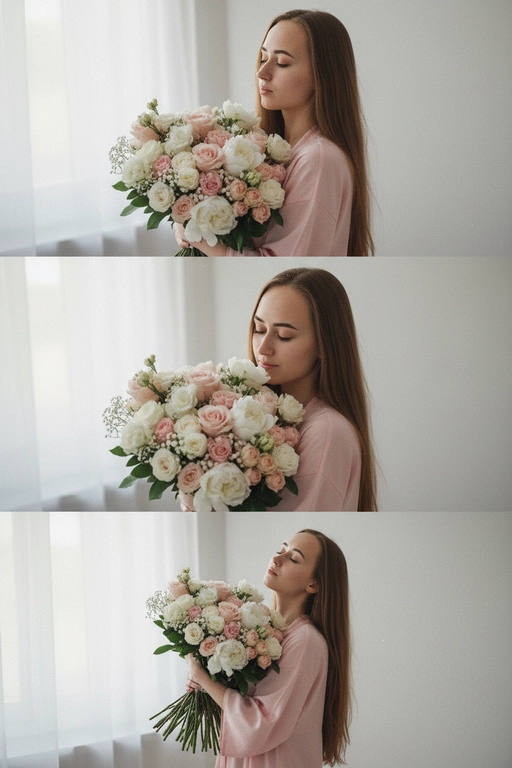 Не меняй черты лица, оставь их точь в точь как на загруженном фото, в том числе макияж и волосы.
Композиция из триптиха изображает женщину дома с цветами
На ней свободная пижама кимоно в пол нежно розового цвета.

На верхнем кадре портрет крупным планом, женщина смотрит в камеру лицо боком в руках у неё огромный букет. На заднем плане светлая стена размыты.

На центральном кадре сверхкрупный план, та же девушка, ее голова слегка наклоненная вперед, она принюхивается к букету, ее глаза закрыты, на лице легкая улыбка.  Кадр снятый с очень близкого расстояния, видно только часть огромного букета и лица  

На нижнем кадре портрет крупным планом изображена всё та же женщина, голова запрокинута вверх глаза закрыты, прижимает все тот же огромный букет к груди

Цветовая палитра приглушена, с нежными розовым, белым
Общий стиль наводит на романтику. Присутствует видимая зернистость.  Букет цветов - разные цветы