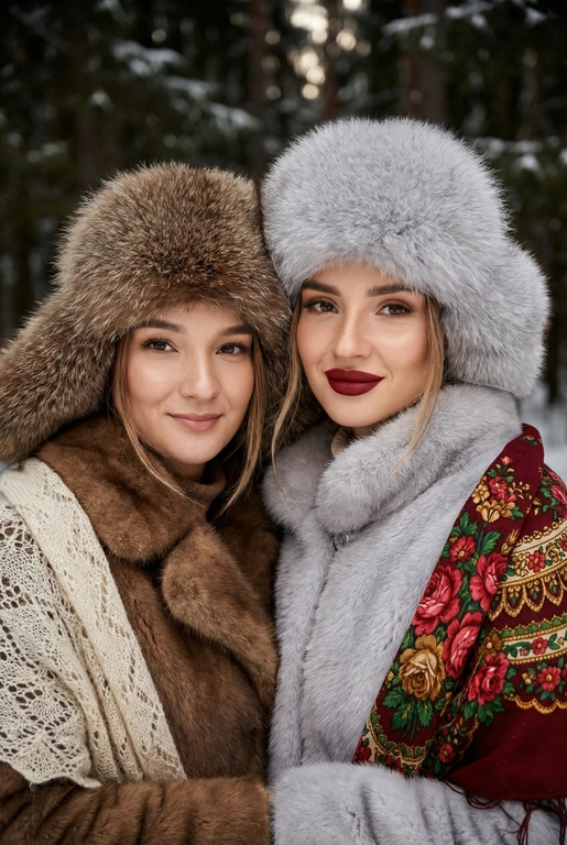 Создай кадр, который представляет собой теплый, уютный, слегка ностальгический зимний портрет в фэшн/фолк-стиле. Атмосфера спокойная, элегантная, дружеская близость двух моделей; сочетание высокой моды (мех, профессиональная ретушь) и фольклорной эстетики (вышитый шарф). Композиция и позирование: Форма кадра: портретный, вертикальный (соотношение примерно 3:4). Расположение: две женщины в центре кадра, тела и головы видны на груди; правая модель немного ближе к камере. Позы: девушки стоят близко друг к другу, левая модель слегка опирается на правую; плечи слегка повернуты к камере. Взаимодействие: мягкая улыбка, закрытое выражение лица, взгляд в камеру; дружелюбный, уверенный тон. Лица и макияж: Кожа: гладкая, естественная текстура, легкий эффект сияния. Глаза: аккуратные блики – оживляют взгляд; нейтральный/теплый макияж теней. Брови: естественная форма, слегка очерчены. Губы: у правой модели насыщенный матовый красный (центральный акцент), у левой – нежно-розовый нюдовый. Волосы: свободные пряди вокруг лица, несколько прядей с легкой волной для естественности. Шапки: большие пушистые меховые шапки с очень четко выраженной текстурой меха; справа – светло-серый мех, слева – коричневый мех. Форма: высокие, округлые, плотно сидят на голове, частично закрывают лоб – создают силуэт и рамку для лица. Верхняя одежда и текстуры: меховые пальто: густой натуральный мех у левой модели коричневый, у правой модели – светло-серый тон с видимым направлением волосков; богатая текстура и объем. У девушки справа на правом плече маленький платок с традиционным русским орнаментом – яркие цветы и листья, на фоне глубокого красного цвета с золотисто-терракотовыми, зелеными деталями; Тонкая бахрома ниспадает на ее плечо. У девушки слева на левом плече небольшой вязаный белый шарф с крупным ажурным узором, что добавляет контраста в текстуре и цвете. Окружение и фон: Лес: темные хвойные деревья, вертикальные силуэты стволов; снег на земле/вдали — размытый фон (боке).