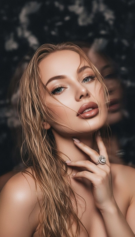 Создайте портрет женщины с длинными, волнистыми, влажными волосами, свободно ниспадающими на плечи, некоторые пряди прилипают к лицу. Она чувственно смотрит в камеру, слегка откинув голову назад, словно наслаждаясь мгновением покоя или чувственности. Её рука нежно лежит на шее, на пальце – эффектное сверкающее кольцо. Плечи опущены. Тёмный, почти однотонный и размытый фон подчёркивает силуэт и лицо женщины. Весь образ мастерски передан с помощью размытия в движении и световых бликов, которые создают ощущение естественного, сказочного движения головы и руки. Мягкие, тёплые тона, лёгкое свечение кожи и губ создают интимную, чувственную и таинственную атмосферу. Эффекты: размытие в движении, художественная длительная выдержка, тёплые тона, атмосфера сновидения. Макияж выразительный: длинные чёрные ресницы, бежевые тени с лёгким мерцанием, выразительные контуры и румяна, безупречная кожа и пухлые губы с нюдовым блеском и тёмно-коричневым карандашом для губ. Ухоженные брови с эффектом Bravenlifting. Длинные, заостренные ногти. Реалистичное фото, как будто снято на профессиональную камеру. Сохраните черты лица такими, какие они есть.