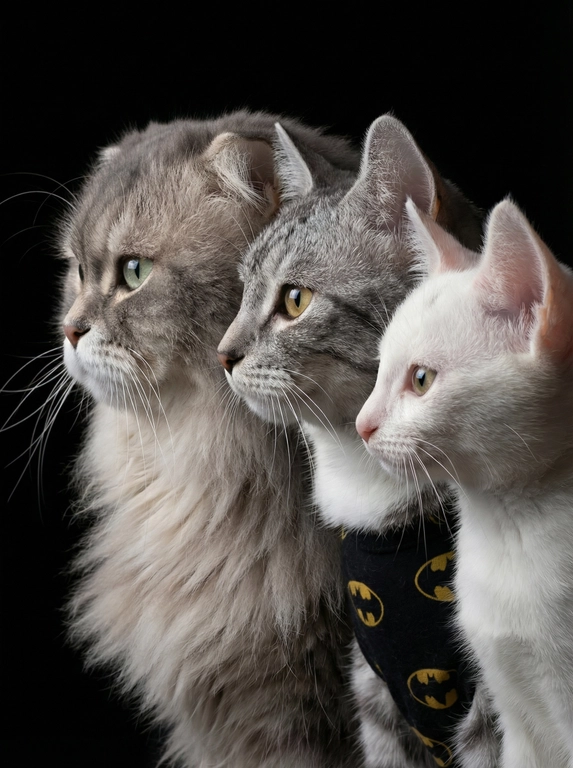 Профессиональный студийный портрет с низким контрастным светом. Головы расположены строго в одну линию. боковой профиль, взгляд влево. У всех видны только головы и немного плечи. Головы занимают весь кадр. Черный фон. Расположи их по убыванию возраста.