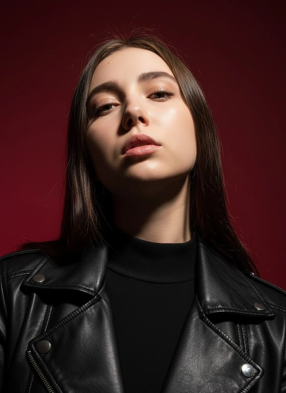 Создай портрет, используя те же черты лица (на основе загруженного фото), характеризующийся резким кинематографическим освещением и интенсивным контрастом. Снятый с немного нижнего ракурса, направленного вверх, что подчеркивает линию подбородка и шеи модели, этот портрет производит впечатление доминантности и скульптурной элегантности. Фон — глубокий, насыщенный малиново-красный, создающий яркий визуальный контраст со сияющей кожей модели и темной одеждой.