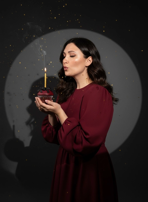 Фотореалистичный портрет женщины с точно таким же лицом, чертами, выражением и цветом волос, как на исходной фотографии - ничего не изменять. Атмосфера - день рождения: мягкий блеск свечи отражается на её лице, в воздухе лёгкие золотистые блёстки, создающие праздничное сияние. Фон темно-серый. Освещение студийное, контрастное, с кругом света на фоне, создающим выразительную тень. Волосы - волнистые, мягко подсвечены. Она немного стоит полубоком. Женщина держит в руках маленький праздничный торт, украшенным чёрными лентами и изящной цифрой из золотых свечей; Она сдувает свечу. Она одета в бордовое платье с пышными рукавами, и задувает свечку без цифры золотого цвета на капкейке 