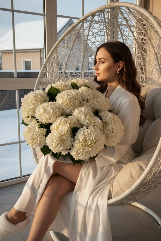 Гиперреалистичная фотография женщины, зима, сидящей полубоком на закрытой веранде с видом на дом в кресле коконе белом и держащей в руках очень большой, пышный букет, состоящий из множества белых цветов — круглых, густых, многоцветковых, с пышными соцветиями и зелеными листьями. Букет объемный, он явно состоит из десятков отдельных гортензий, а не из единого бутона. в ушах маленькие красивые серьги. ногти молочного цвета. Волосы с аккуратной легкой укладкой. 
На ней халат шелковый как кимоно в пол на ногах пушистые тапки.
Ее макияж выполнен в стиле мягкого глэма: сияющая кожа. Она позирует в полупрофиль.
Золотистый естественный свет проникает сбоку, отбрасывая резкие, но мягкие тени на складки ткани . Цвет халата - белый, цвет тапок - белый 