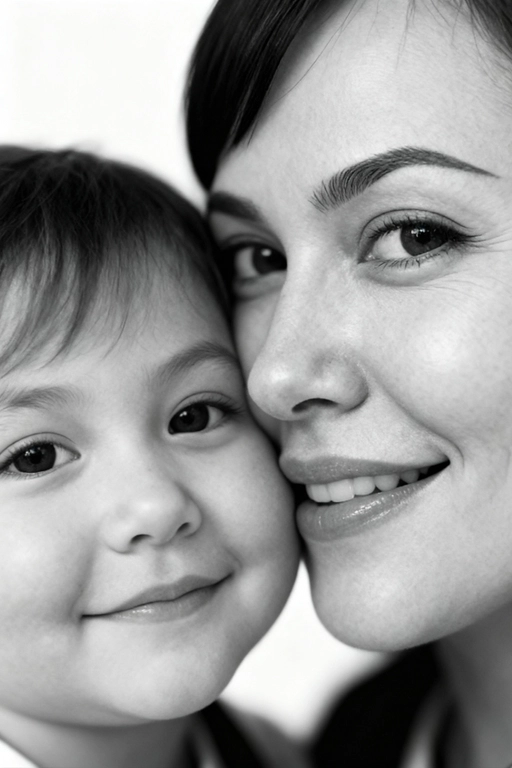 Сверхреалистичная черно-белая художественная фотография 8K женщины и ребенка, снятая очень крупным планом, щека к щеке так что видны только правая половина лица женщины и левая половина лица ребенка. которые смотрят в камеру. Их лица расположены рядом, почти соприкасаясь, образуя идеально сбалансированную симметричную композицию. Каждая деталь передана с фотографической точностью: тонкая текстура кожи и плавные градиенты света и тени. Видимая половина женщины включает ее бровь, один глаз , часть ее носа, щеку и губы, слегка приоткрытые в нежной, естественной улыбке, Видимая половина ребенка включает один глаз , круглую мягкую щеку, часть носа и небольшую улыбку, Фон белый и слегка размытый, что подчеркивает эмоциональную близость между ними. Освещение мягкое и рассеянное, создает деликатный контраст и тональную глубину. На снимке запечатлены нежность, близость и связь между матерью и ребенком, запечатленные с потрясающей реалистичностью. Не меняй черты лиц. 
