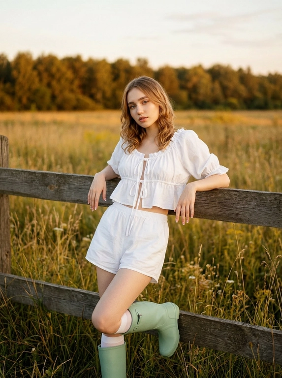 Женщина стоит, облокотившись спиной и локтями на деревянную изгородь в поле, вдали видны деревья. Одета в белую короткую летнюю кофту оверсайз на завязках на груди и с рюшами, а также в такие же шорты, белые гольфы и высокие резиновые сапоги мятного цвета. Кинематографический эффект с добавлением зерна. Ногти короткие, френч. Кожа идеальная, подсвеченная. Не меняй черты лица. Фото в золотой час.