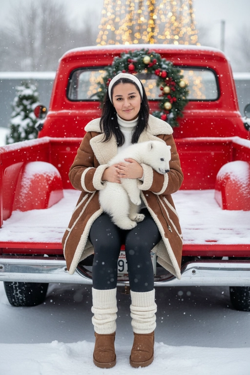 Портрет молодой женщины, сидящей на кузове винтажного красного грузовика. Девушка держит на руках животное. На ней коричневая дубленка с белой окантовкой из овчины по воротнику, манжетам и карманам, под дубленкой белый свитер с горловиной, черные лосины тканевые без блеска, на ногах укороченные, высотой до щиколоток коричнево-бежевые угги на платформе и кремовые гетры до середины икр, выглядывающие из уггов. 
Девушка смотрит в камеру, на ее лице легкая улыбка. 

На грузовике — праздничный рождественский венок. На земле лежит снег.

Мягкий снег падает. Атмосфера — реалистичная, теплая и немного кинематографичная. Сияющие рождественские огоньки и украшения создают яркую теплую атмосферу. Разрешение 8K, акцент на текстуру одежды, снег и сверкающие огоньки на заднем фоне. —ar 3:4 —v.

Не меняй черты лица.  На голове девушки белая повязка. Держит на руках белого медвежонка