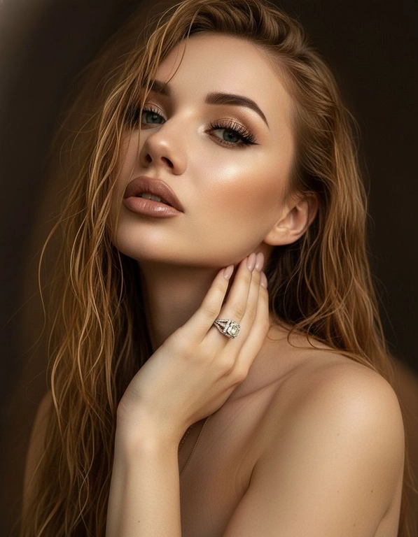 Создайте портрет женщины с длинными, волнистыми, влажными волосами, свободно ниспадающими на плечи, некоторые пряди прилипают к лицу. Она чувственно смотрит в камеру, слегка откинув голову назад, словно наслаждаясь мгновением покоя или чувственности. Её рука нежно лежит на шее, на пальце – эффектное сверкающее кольцо. Плечи опущены. Тёмный, почти однотонный и размытый фон подчёркивает силуэт и лицо женщины. Весь образ мастерски передан с помощью размытия в движении и световых бликов, которые создают ощущение естественного, сказочного движения головы и руки. Мягкие, тёплые тона, лёгкое свечение кожи и губ создают интимную, чувственную и таинственную атмосферу. Эффекты: размытие в движении, художественная длительная выдержка, тёплые тона, атмосфера сновидения. Макияж выразительный: длинные чёрные ресницы, бежевые тени с лёгким мерцанием, выразительные контуры и румяна, безупречная кожа и пухлые губы с нюдовым блеском и тёмно-коричневым карандашом для губ. Ухоженные брови с эффектом Bravenlifting. Длинные, заостренные ногти. Реалистичное фото, как будто снято на профессиональную камеру. Сохраните черты лица такими, какие они есть.