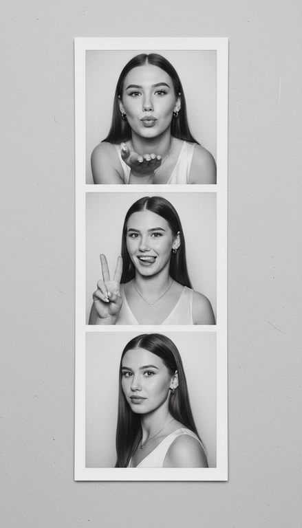  Используя мою фотографию в качестве референса для лица и волос, не изменяя исходные черты лица и сохраняя верность моим физическим характеристикам, создайте ленту из фотографий в ч/б с тремя вертикальными белыми рамками. Лента выглядит так, будто лежит на столе или фоне. Фотографии выглядят профессионально , как будто из настоящей фотобудки. 

В каждой рамке по центру расположены портрет и фотография погрудной проекции одного и того же человека. Взгляд прямо в камеру.

Общая эстетика винтажная, с лёгкой зернистостью и выцветшим качеством, напоминающая классическую аналоговую фотографию. Но при этом изображение выполнено в высоком разрешении. На светло-сером фоне видны едва заметные следы пыли и царапин. Лица человека на белом фоне. 
НЕ ИЗМЕНЯЙТЕ МОЁ ЛИЦО. На верхнем фото девушка посылает зрителю воздушный поцелуй, поднеся правую руку ко рту и слегка поджав губы. Выражение её лица игривое и дружелюбное.  На среднем фото девушка мило и игриво показывает знак мира, высунув язык. Брови слегка приподняты. На нижнем фото девушка позирует, отвернувшись к плечу, смотрит прямо в камеру с более спокойным и уверенным выражением лица. Губы мягко сжаты, взгляд прямой и чувственный. ОДЕЖДА: На ней маленькие серьги-кольца и изящное ожерелье с символом бесконечности поверх светлого атласного или шёлкового топа. На ней естественный макияж, включая глянцевый блеск для губ, лёгкую подводку для глаз и кукольные нарощенные ресницы, без излишеств. У неё квадратный французский маникюр. 