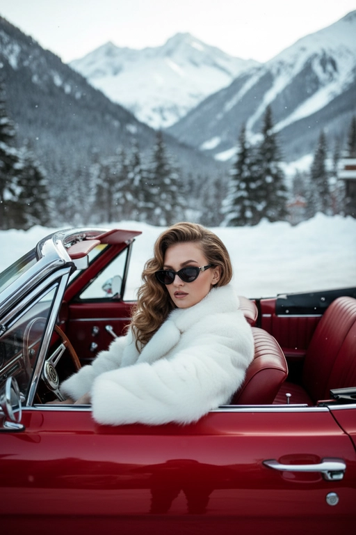 Создай изображение,  сохрани внешность и черты лица 
Фотореалистичное изображение роскошной женщины, сидящей в красном винтажном кабриолете с открытым верхом. Зима, вокруг заснеженный хвойный лес и горы. Женщина одета в огромную пушистую белую шубу и темные узкие солнцезащитные очки.  У нее объемная укладка с локонами в стиле супермоделей 90-х. Салон машины из красной кожи. Яркий дневной свет, глянцевая фотография, высокая детализация, эстетика "жены мафиози" (mob wife aesthetic), атмосфера курорта Куршевель.