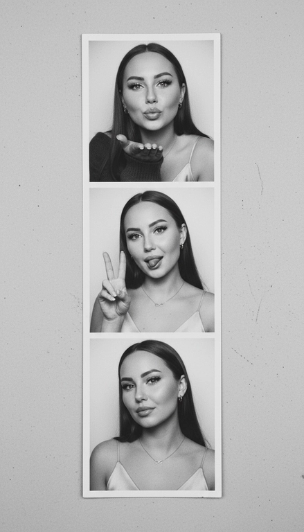  Используя мою фотографию в качестве референса для лица и волос, не изменяя исходные черты лица и сохраняя верность моим физическим характеристикам, создайте ленту из фотографий в ч/б с тремя вертикальными белыми рамками. Лента выглядит так, будто лежит на столе или фоне. Фотографии выглядят профессионально , как будто из настоящей фотобудки. 

В каждой рамке по центру расположены портрет и фотография погрудной проекции одного и того же человека. Взгляд прямо в камеру.

Общая эстетика винтажная, с лёгкой зернистостью и выцветшим качеством, напоминающая классическую аналоговую фотографию. Но при этом изображение выполнено в высоком разрешении. На светло-сером фоне видны едва заметные следы пыли и царапин. Лица человека на белом фоне. 
НЕ ИЗМЕНЯЙТЕ МОЁ ЛИЦО. На верхнем фото девушка посылает зрителю воздушный поцелуй, поднеся правую руку ко рту и слегка поджав губы. Выражение её лица игривое и дружелюбное.  На среднем фото девушка мило и игриво показывает знак мира, высунув язык. Брови слегка приподняты. На нижнем фото девушка позирует, отвернувшись к плечу, смотрит прямо в камеру с более спокойным и уверенным выражением лица. Губы мягко сжаты, взгляд прямой и чувственный. ОДЕЖДА: На ней маленькие серьги-кольца и изящное ожерелье с символом бесконечности поверх светлого атласного или шёлкового топа. На ней естественный макияж, включая глянцевый блеск для губ, лёгкую подводку для глаз и кукольные нарощенные ресницы, без излишеств. У неё квадратный французский маникюр. 