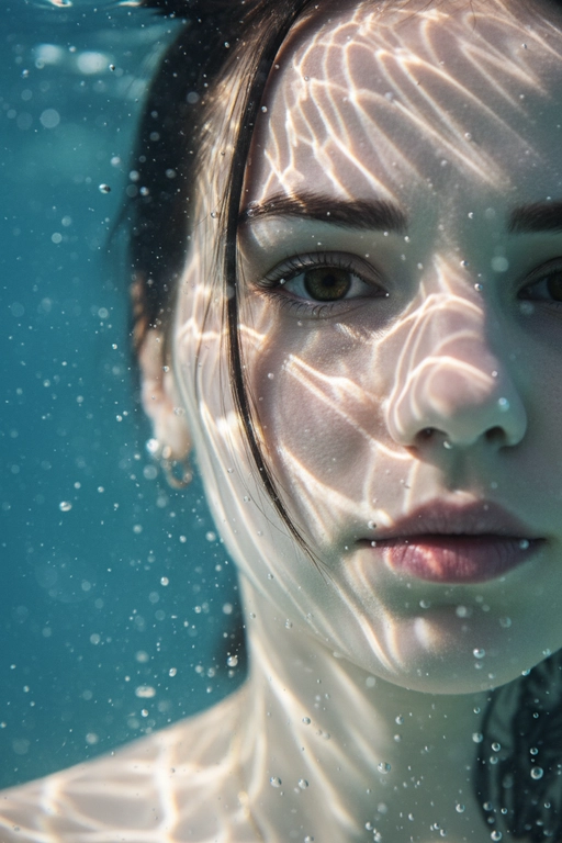 Гиперреалистичный, сверхдетализированный
макропортрет, на котором запечатлена только левая половина человеческого лица, погруженного под воду. Один глаз находится в резком фокусе у крайнего левого края кадра. Лучи света создают динамичные блики на коже, подчеркивая поры, влажные губы, ресницы и тонкие текстуры, создавая эффект реалистичного рассеивания под поверхностью. Капли и пузырьки воздуха придают глубину и подвижность.
Кинематографическое подводное освещение с мягкими тенями и четкими бликами усиливает сюрреалистическую, сказочную атмосферу.
Чрезвычайно малая глубина резкости, фотореалистичный рендеринг. Не меняй внешность, полностью сохрани черты лица.