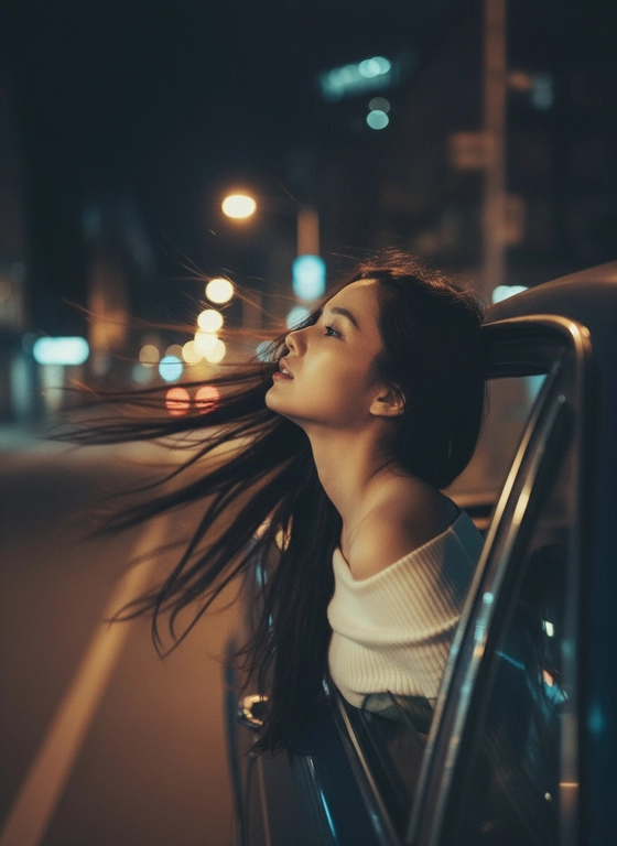 Создайте фото, где я высунула голову из окна машины в тёмную, мечтательную, размытую, винтажную ветреную ночь, в белом трикотажном топе с открытыми плечами. ракурс боковой. Голова чутка откинута назад. Машина в движении.  Выражение лица мечтательное, губы немного приоткрыты. Волосы развеваются в движении. Сохраните детали лица в точности. Пожалуйста, не изменяйте черты лица и оставь таким, какое оно есть.