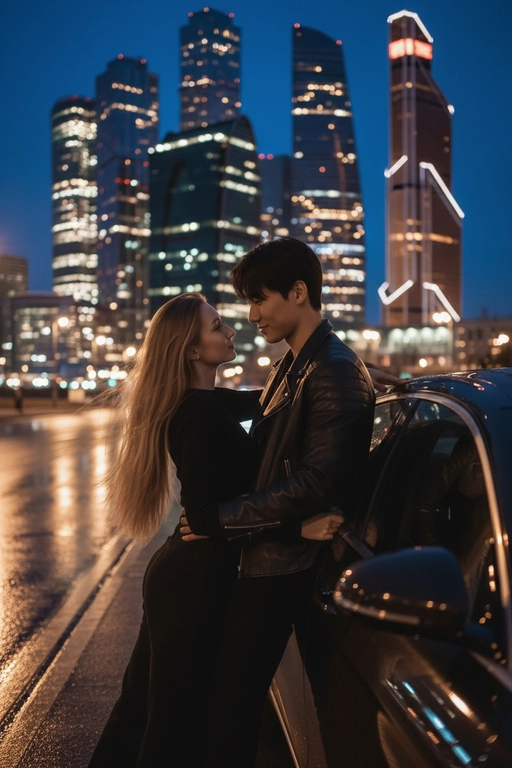 Используй предоставленные изображения и создай фото женщины и мужчины, в романтическом стиле, женщина облокотилась спиной на автомобиль, слегка откинувшись назад. ее слегка взъерошенные волосы мягко развеваются на ветру. Лицом к ней прижавшись стоит мужчина выше нее и одной рукой обнимает её за талию, а другой рукой опирается на машину. Влюбленно смотрит на женщину. На заднем плане изображена Москва-Сити, сияющая теплыми золотистыми огнями ночного города. Улица залита мягким городским светом, создающим гламурную и кинематографическую атмосферу. Поза женщины уверенная и в то же время игривая, и основное внимание уделяется взаимодействию между ней мужчиной. Освещение должно подчеркивать их силуэты, а отражения окружающих огней на стекле автомобиля должны создавать элегантную атмосферу. Не меняй одежду людей.