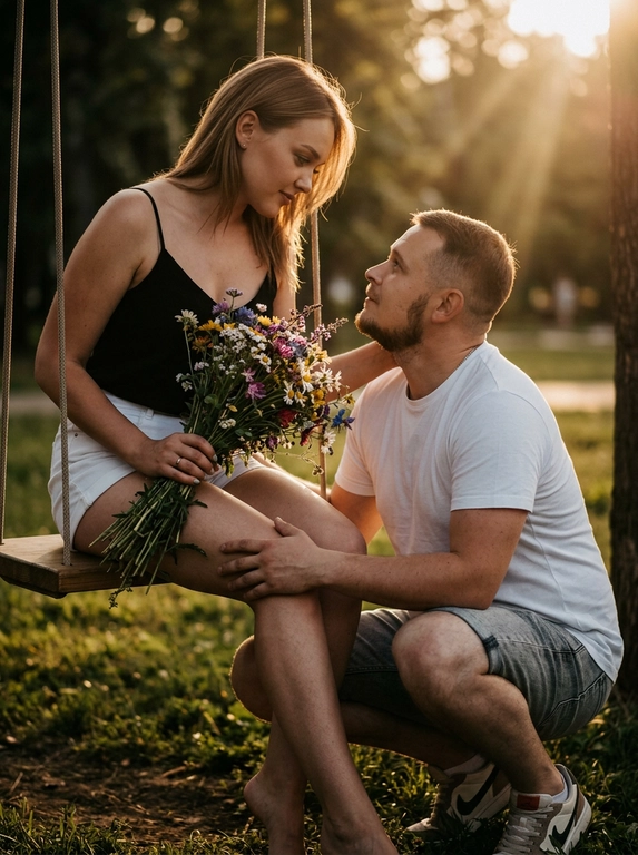 Создай фотореалистичный кинематографический кадр, не меняя черты лица, с максимальным сохранением внешности. Крупный план лиц, мягкая перспектива, фокус на эмоциях и взаимодействии. Женщина сидит на качелях в парке и смотрит на мужчину. На ней чёрная майка на тонких бретелях и короткие белые шорты, в руках большой букет полевых цветов. Перед ней в полуприседе находится мужчина, он смотрит на женщину, его руки аккуратно расположены на её ногах. На мужчине джинсовые серые шорты, белая футболка и кроссовки. Они смотрят друг на друга, создавая напряжённую и живую романтичную сцену. Съёмка в золотой час, тёплый естественный свет с мягкими бликами и глубиной. Кинематографическая цветокоррекция, лёгкое плёночное зерно. moody underexposed fashion photography, intentionally lowered exposure, deep crushed blacks, rich shadows, high contrast, soft natural highlights, subtle film grain, shallow depth of field, 50–85mm lens, editorial style, realistic lighting, high detail.