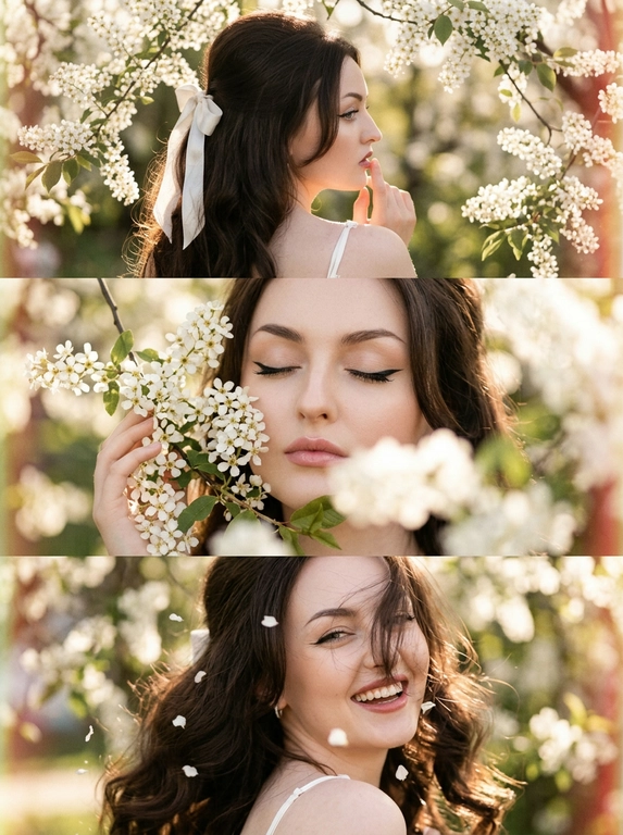 Создай  триптих из трёх кадров, расположенных под друг другом все кадры — крупный план (close-up portrait), единая стилистика и цветовая палитра. Весенняя атмосфера, цветущая черёмуха. Лицо освещено мягким боковым светом. Акцент на макияже глаз — изящные стрелки. Кожа светится естественным сиянием. Волосы мягко подсвечены контровым светом.
Макияж — свежий ретро-гламур: тонкая стрелка, аккуратно подчеркнутые ресницы, нежно-розовые губы с мягким блеском, лёгкий румянец.  Одежда - видны фрагменты белого верха на тонких бретельках.
Кадр 1 (верхний)
Экстремально крупный план лица со спины.  Она стоит спиной к камере, голова повернута в сторону плеча, палец касается губ под ветвями цветущей черёмухи. Нежные белые соцветия обрамляют лицо.
Кадр 2 (средний)
Крупный план, она закрывает глаза и слегка касается ветки черёмухи у щеки. Лепестки частично в фокусе на переднем плане.
Кадр 3 (нижний)
Крупный портрет в движении — лёгкий поворот головы, волосы развеваются от ветра падая на лицо и скрывая его часть, несколько лепестков черемухи в воздухе и в волосах, корпус наклонен к камере она смеется.
Стиль и обработка всех кадров:
Сцена имеет эстетику винтажного фильма с мелким зерном. 
все три фото фото залито солнечным светом, сильное плёночное зерно, тёплая винтажная цветокоррекция, лёгкая засветка по краям кадра, высокая детализация кожи, естественная текстура, гармоничная композиция триптиха.

Прическа:: Мягкие объёмные волны в стиле 70-х, естественный прикорневой объём, часть волос собрана сзади атласной белой лентой завязанной на бантик, два локона спереди обрамляют лицо.