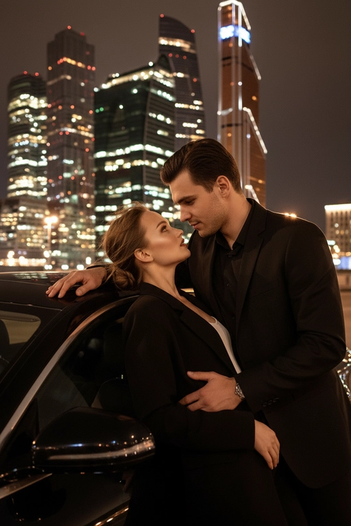 Используй предоставленные изображения и создай фото женщины и мужчины, в романтическом стиле, женщина облокотилась спиной на автомобиль, слегка откинувшись назад. ее слегка взъерошенные волосы мягко развеваются на ветру. Лицом к ней прижавшись стоит мужчина выше нее и одной рукой обнимает её за талию, а другой рукой опирается на машину. Влюбленно смотрит на женщину. На заднем плане изображена Москва-Сити, сияющая теплыми золотистыми огнями ночного города. Улица залита мягким городским светом, создающим гламурную и кинематографическую атмосферу. Поза женщины уверенная и в то же время игривая, и основное внимание уделяется взаимодействию между ней мужчиной. Освещение должно подчеркивать их силуэты, а отражения окружающих огней на стекле автомобиля должны создавать элегантную атмосферу. Не меняй одежду людей.
