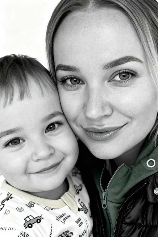 Сверхреалистичная черно-белая художественная фотография 8K женщины и ребенка, снятая очень крупным планом, щека к щеке так что видны только правая половина лица женщины и левая половина лица ребенка. которые смотрят в камеру. Их лица расположены рядом, почти соприкасаясь, образуя идеально сбалансированную симметричную композицию. Каждая деталь передана с фотографической точностью: тонкая текстура кожи и плавные градиенты света и тени. Видимая половина женщины включает ее бровь, один глаз , часть ее носа, щеку и губы, слегка приоткрытые в нежной, естественной улыбке, Видимая половина ребенка включает один глаз , круглую мягкую щеку, часть носа и небольшую улыбку, Фон белый и слегка размытый, что подчеркивает эмоциональную близость между ними. Освещение мягкое и рассеянное, создает деликатный контраст и тональную глубину. На снимке запечатлены нежность, близость и связь между матерью и ребенком, запечатленные с потрясающей реалистичностью. Не меняй черты лиц. 