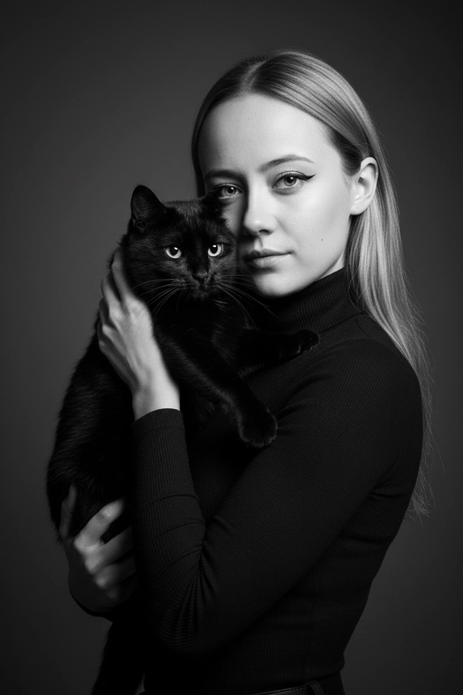 Высококонтрастный черно-белый портрет женщины в черной водолазке, держащей чёрную кошку у лица. Композиция напряжённая и интимная: оба персонажа смотрят прямо в камеру с одинаковой интенсивностью. Яркое и направленное освещение создаёт глубокие тени и подчёркивает контраст между их бледной кожей и тёмной шерстью кошки. Выражение её лица спокойное и уверенное, глаза подведены чётко, а гладкие прямые волосы естественно ниспадают на одно плечо. Фон - градиент от серого к темно-серому. Общее настроение таинственное, элегантное и кинематографичное, напоминающее портрет из модного журнала с готическим подтекстом.