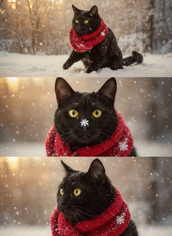 Зимний коллаж питомца: ИИ-фотоколлаж в шарфе на снегу